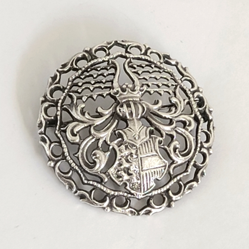 Vintage Men's Sterling Silver Austrian Coat of Arms Large Round Circle Brooch